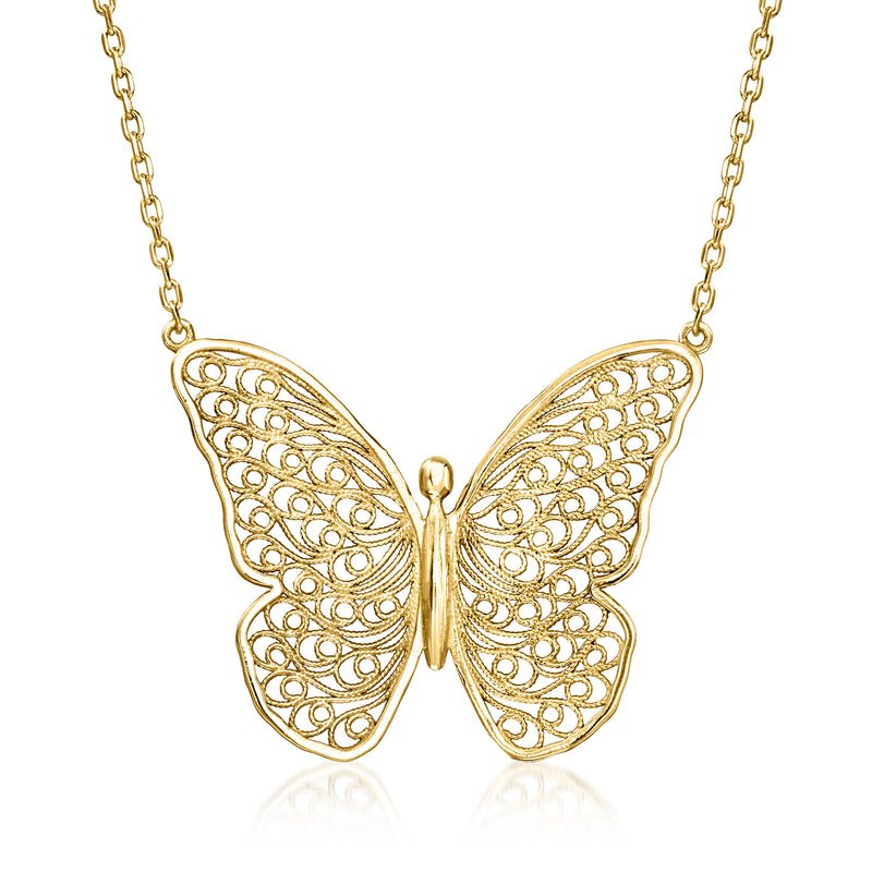 Gold-plated butterfly pendant necklace with filigree wing design