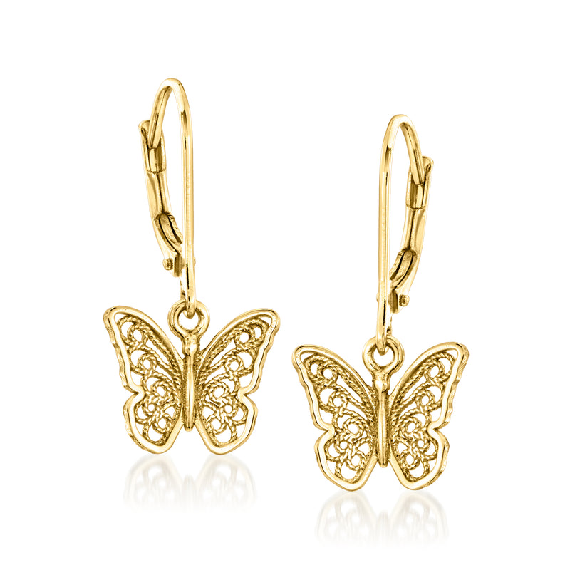Gold-plated butterfly drop earrings with filigree wings and hinged hooks