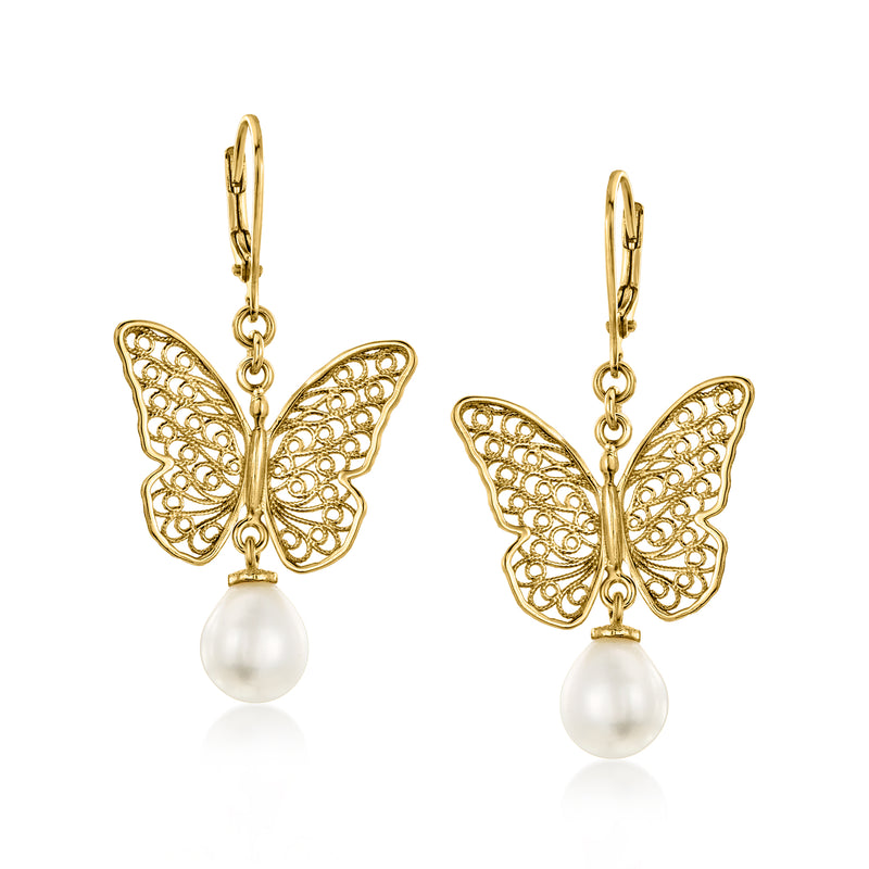 Gold butterfly filigree drop earrings with white cultured pearl, leverback