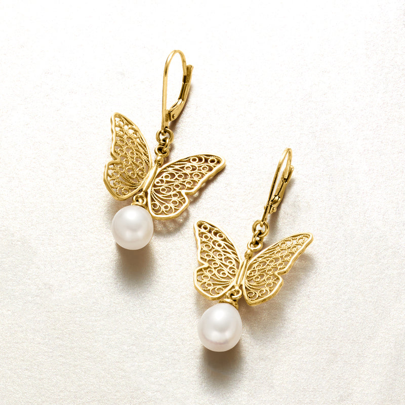 Gold filigree butterfly leverback drop earrings with white cultured pearl