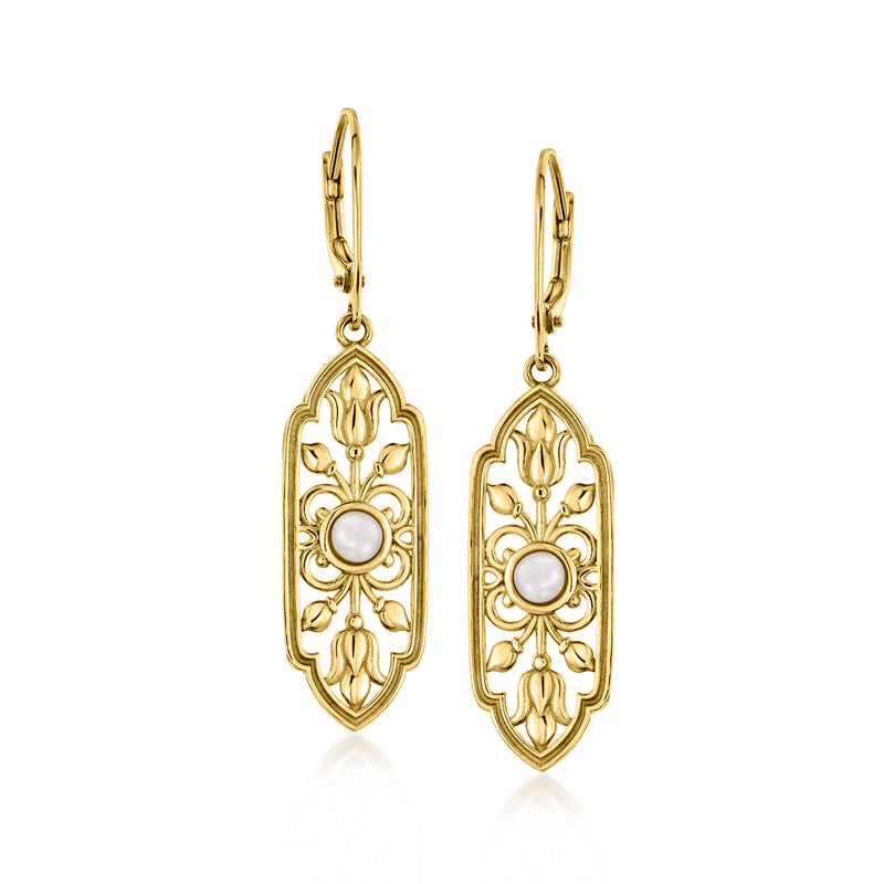 Gold-tone openwork drop earrings with floral scrolls and white cultured pearl, leverback