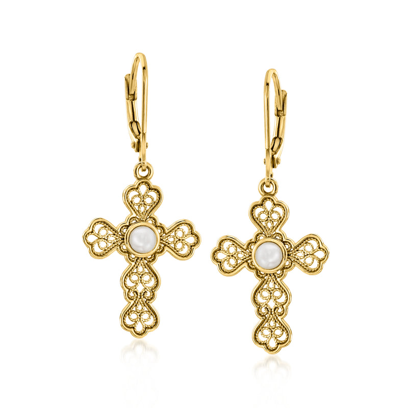 14kt yellow gold-plated cross drop earrings with filigree and round pearl, leverback