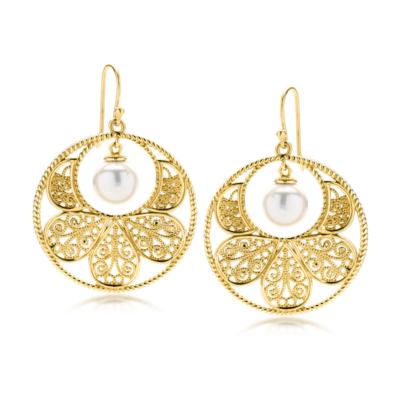 Gold-plated filigree disc drop earrings with white shell pearl and wire hooks