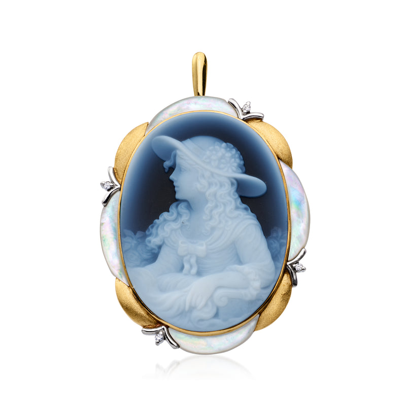Vintage oval cameo pin/pendant, blue profile in dark agate with gold frame and sparkle bezels