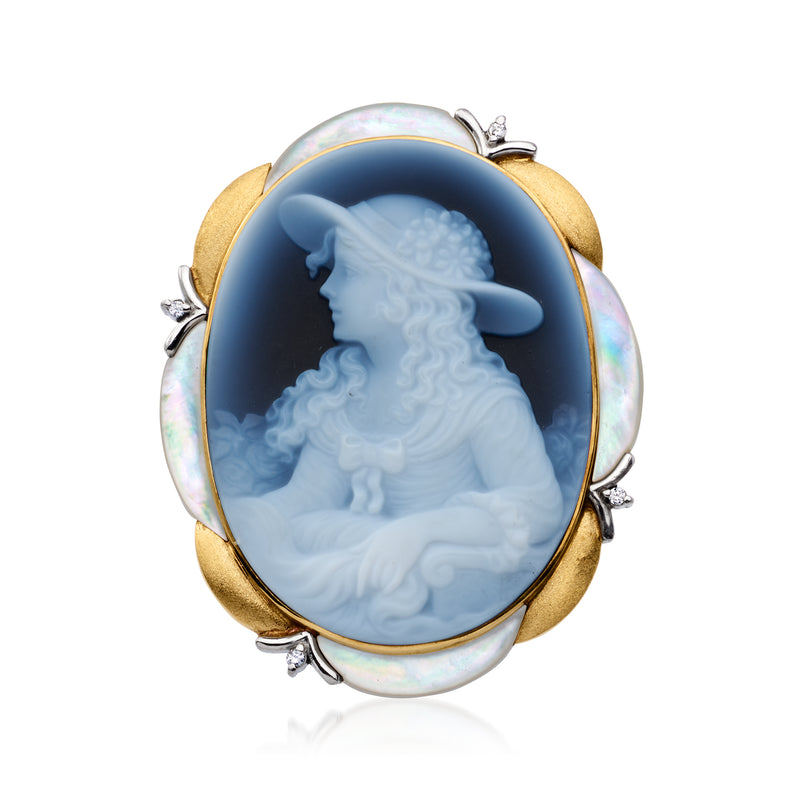 Vintage oval cameo pin/pendant with blue cameo figure, mother-of-pearl rim, diamond accents