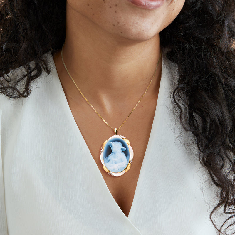 Gold necklace pendant with blue cameo profile oval, mother-of-pearl edge and small stones