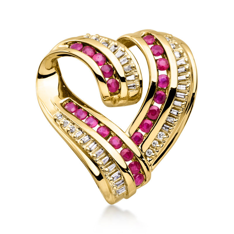 14k yellow gold heart slide pendant with ruby-colored stones and diamond accents