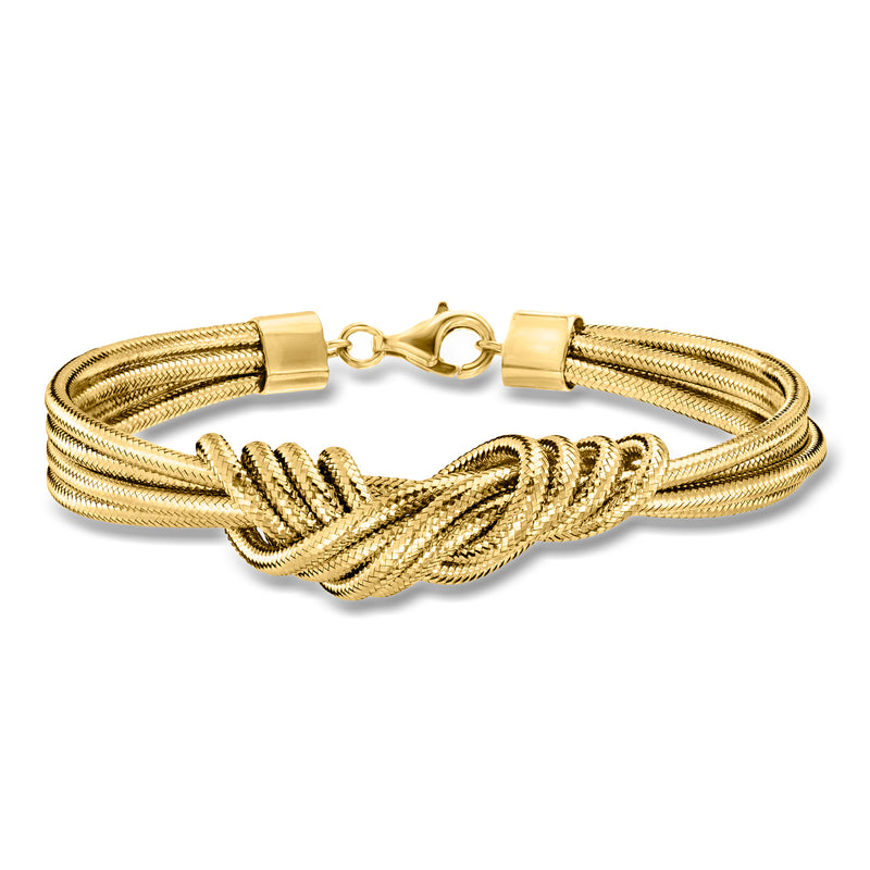 Gold-tone braided flex bracelet with central knot detail and hook clasp