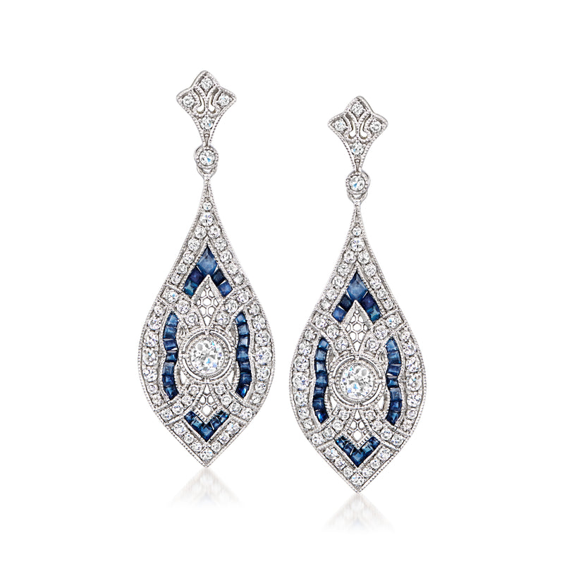 Sapphire and diamond teardrop drop earrings in white gold with oval halo