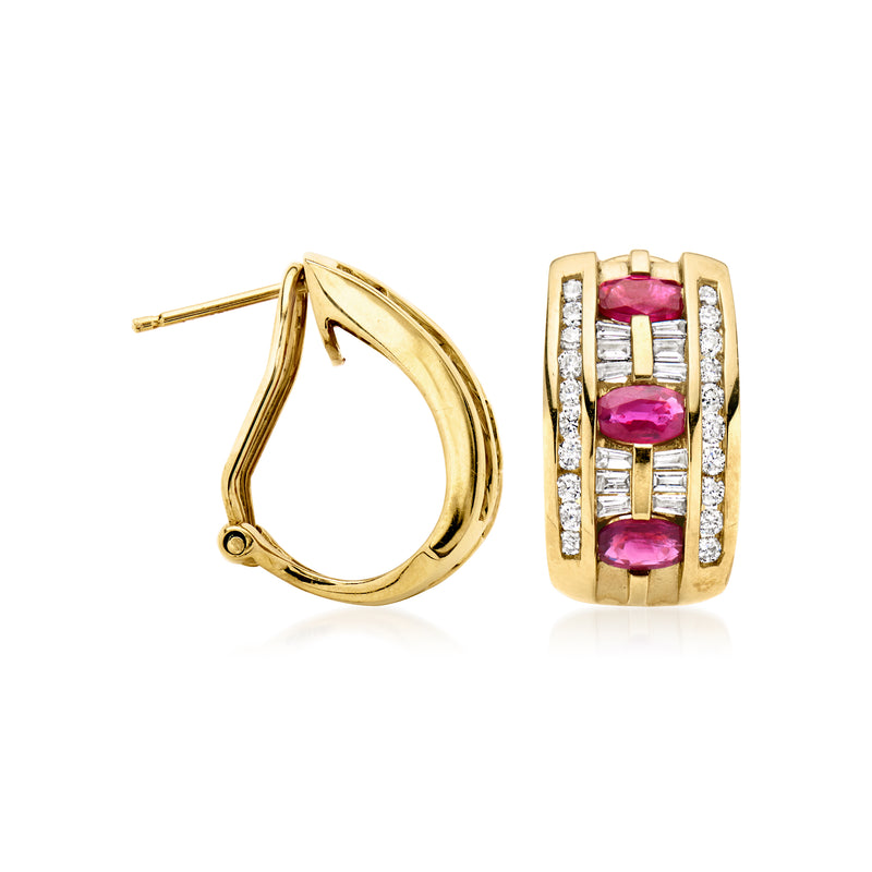 Curved 14kt yellow gold hoop earrings with ruby squares and diamond accents