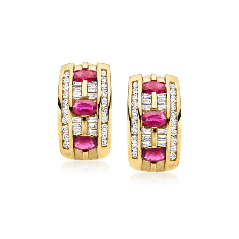 Pair of curved 14kt yellow gold earrings with pink rubies and diamond side rows
