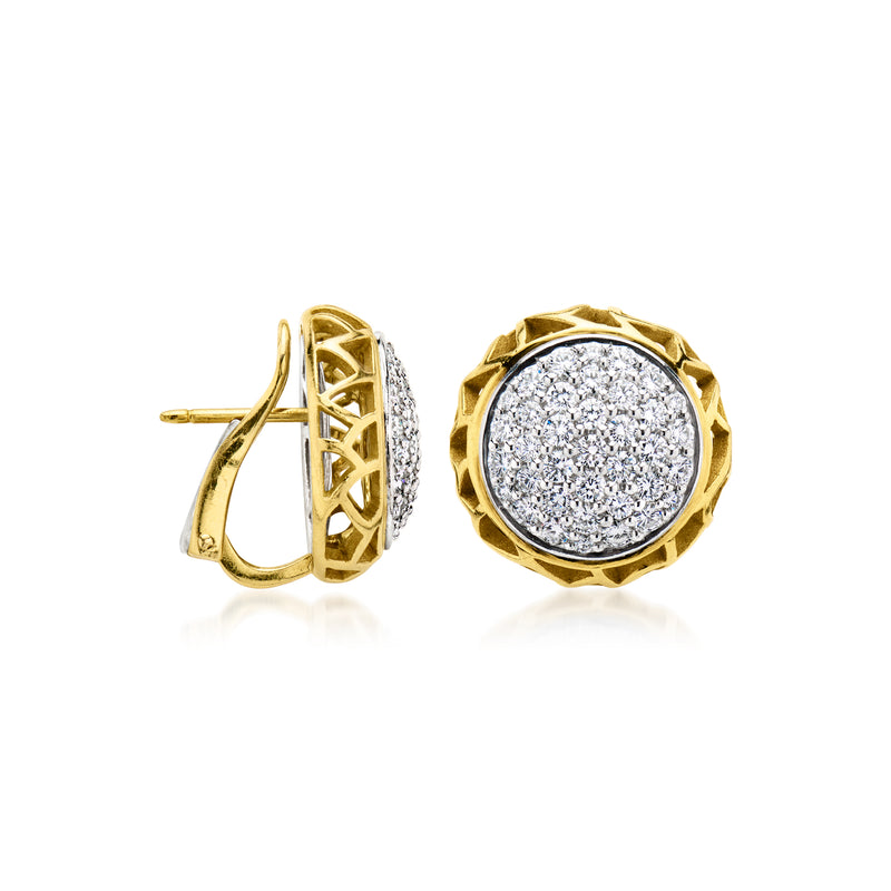 Pair of diamond button earrings in yellow gold and platinum, round pavé fronts and lever backs