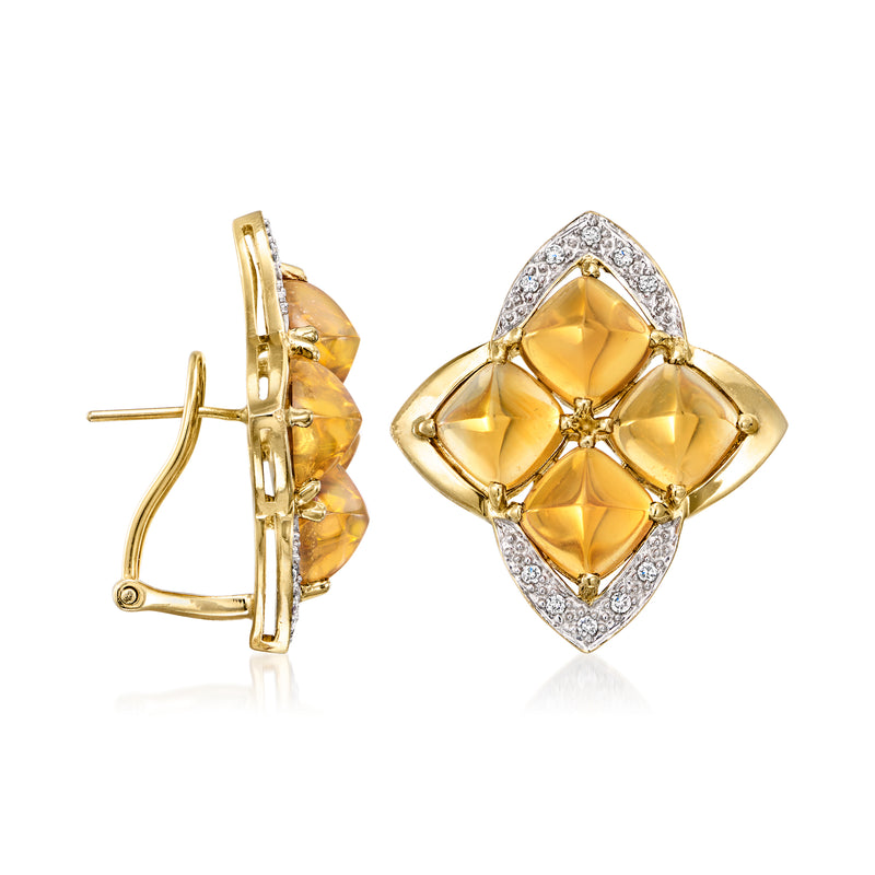 Yellow gold citrine and diamond stud earrings with post backing, side view