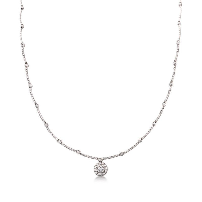 White gold diamond station necklace with round halo pendant