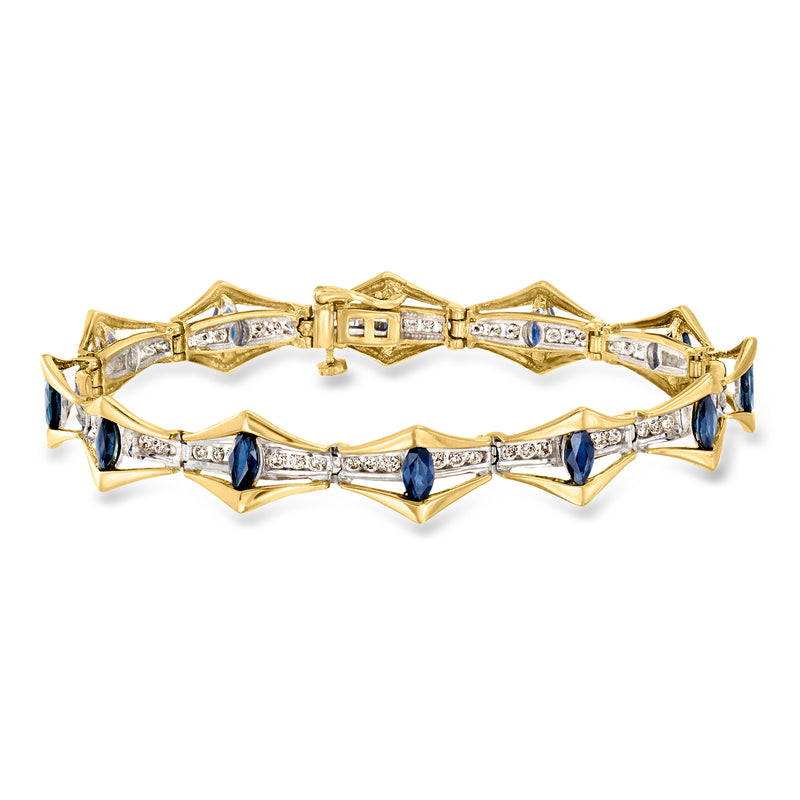 Two-tone gold marquise-link bracelet with sapphire and diamond accents, hinged clasp