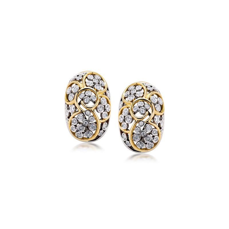 Diamond cluster swirl earrings in two-tone gold, oval pair