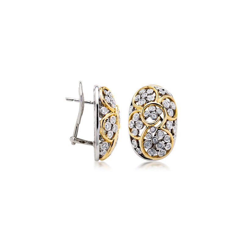Two-tone gold diamond cluster swirl oval earrings with post backing, side view