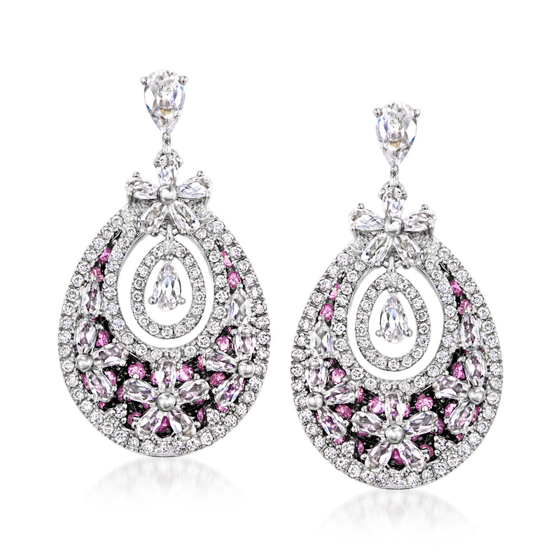 White gold teardrop drop earrings with pink sapphires, diamond accents, pierced