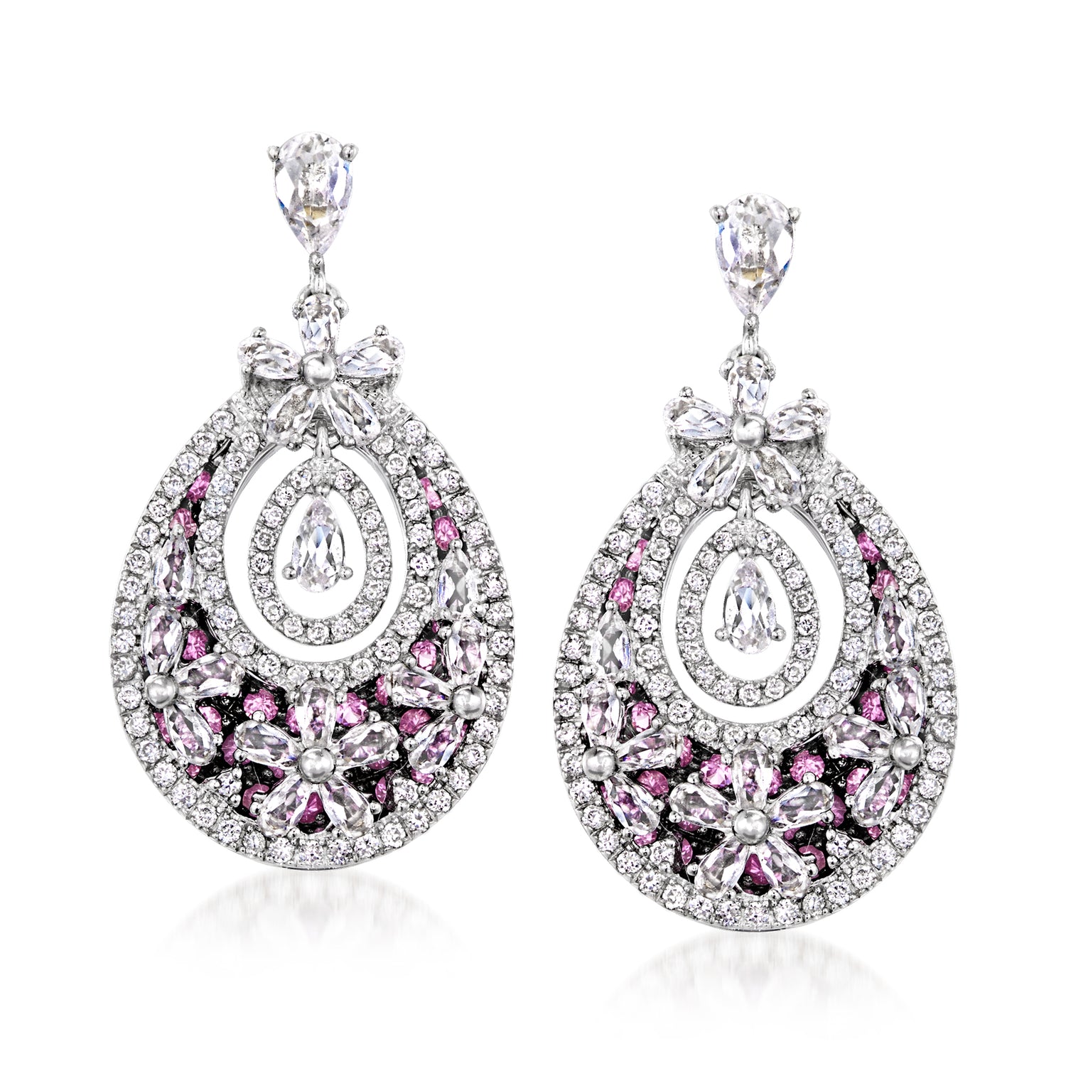 C. 2000 Vintage 3.50 ct. t.w. Pink and White Sapphire Flower Drop Earrings with .90 ct. t.w. Diamonds in 18kt White Gold