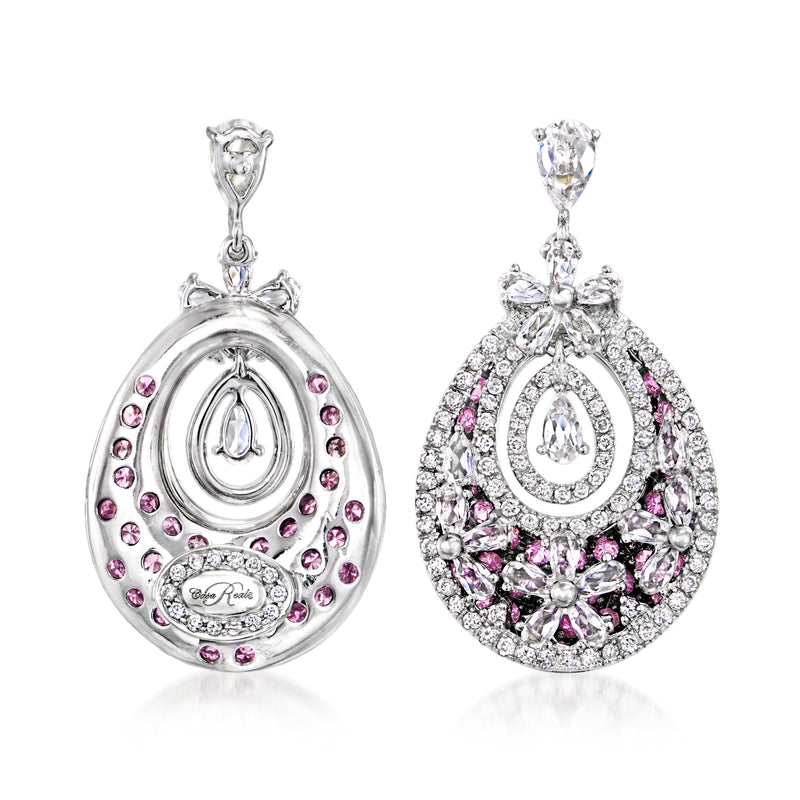 White gold teardrop drop earrings with pink gemstone stones and diamond detailing, pierced