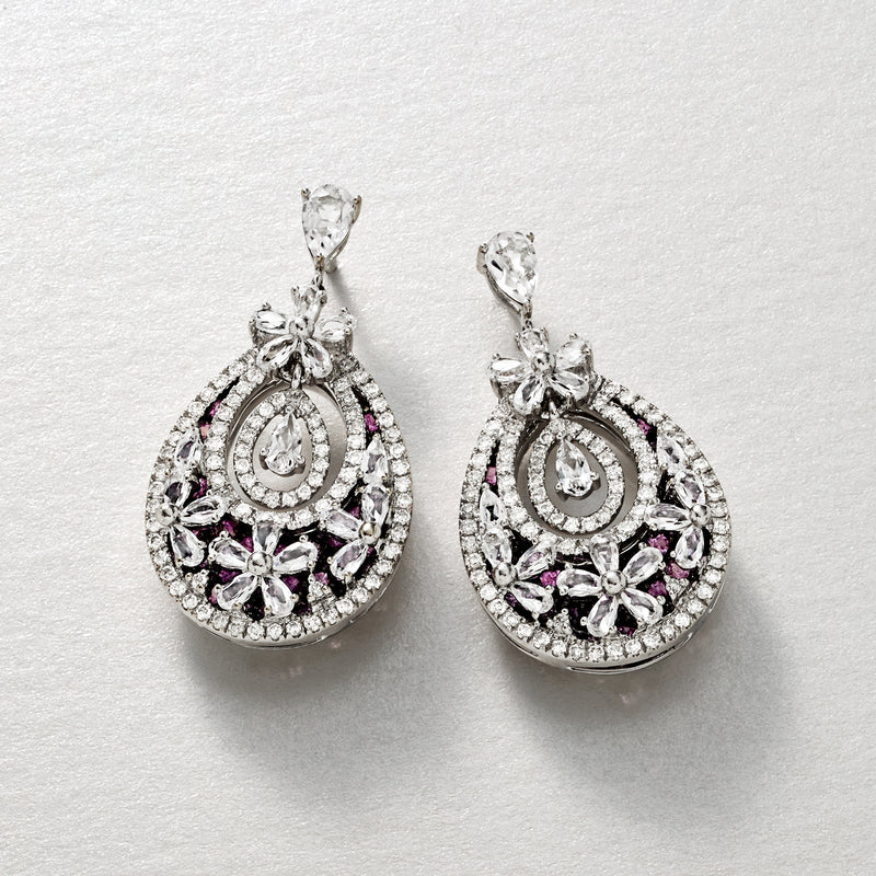 White gold teardrop drop earrings with pink gemstones, ornate diamond lattice, pierced