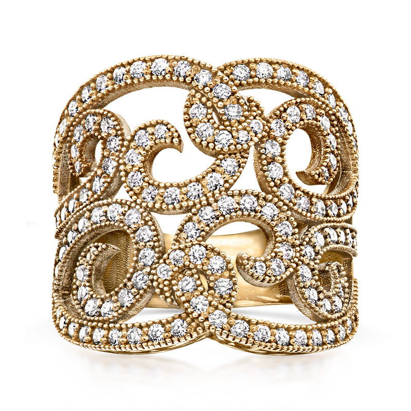 Vintage 14kt yellow gold diamond swirl ring with pavé-set stones