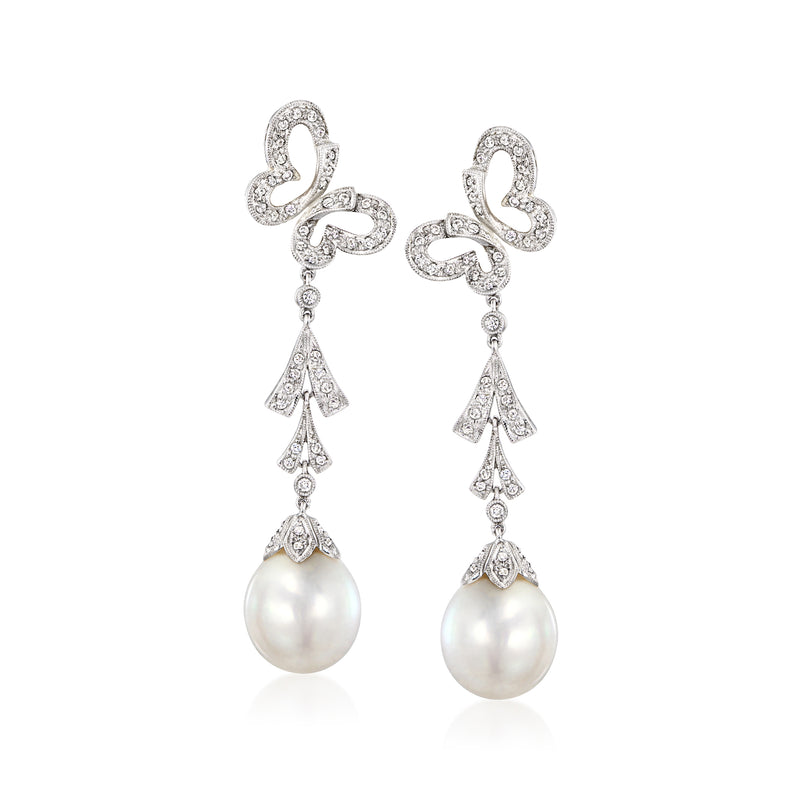 White gold butterfly drop earrings with cultured pearl and diamond accents