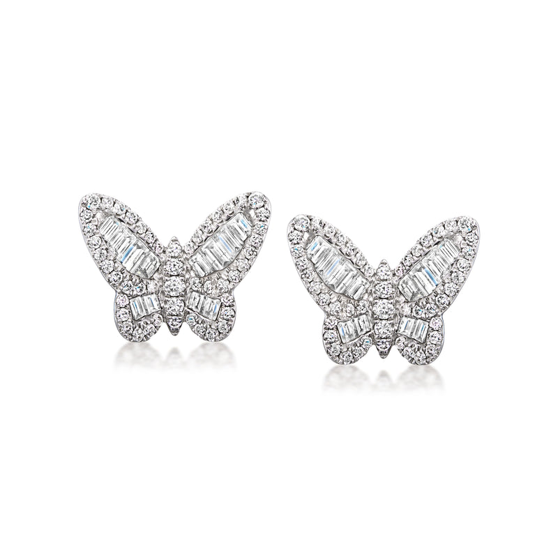 Diamond butterfly stud earrings with baguette accents, 18kt white gold, post backs