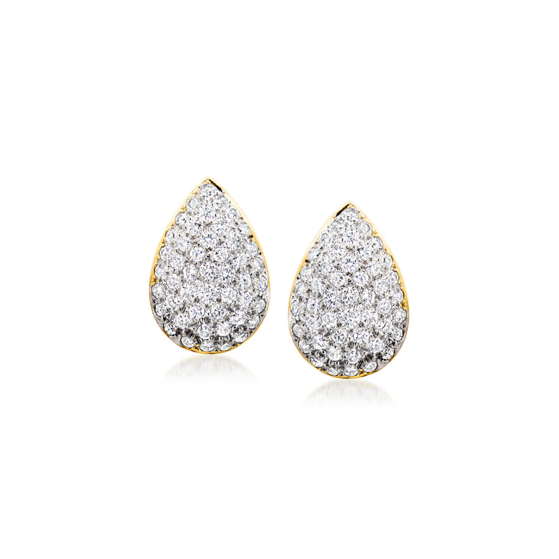 Two-tone gold teardrop diamond stud earrings, prong-set sparkling stones