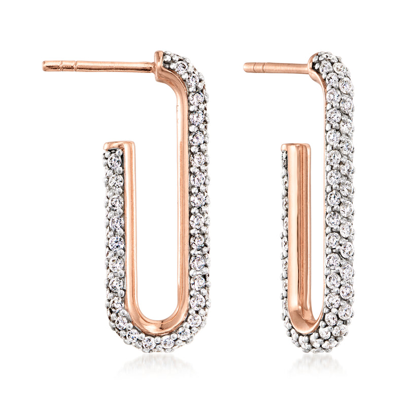 Pair of rose gold diamond paper clip hoop post earrings with pavé-set stones