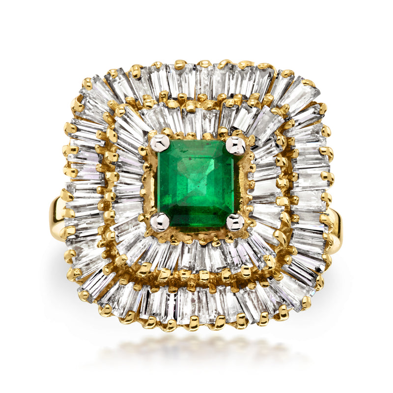 14k yellow gold ring with square green emerald center and diamond baguette halo