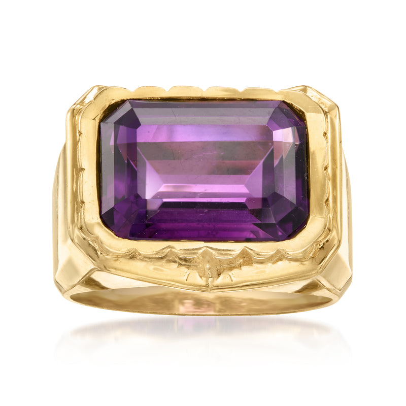 Yellow gold signet-style ring with large rectangular purple amethyst centerpiece