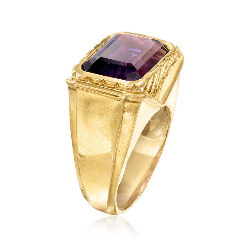Yellow gold vintage ring with rectangular amethyst gemstone, raised bezel setting