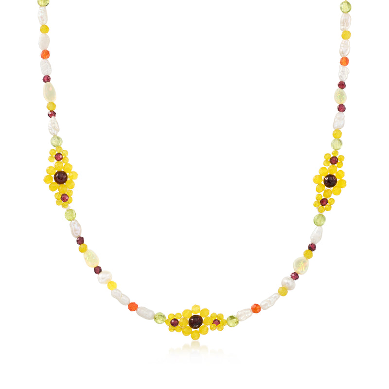 Sunflower bead necklace with pearl-like white beads and yellow, orange accents