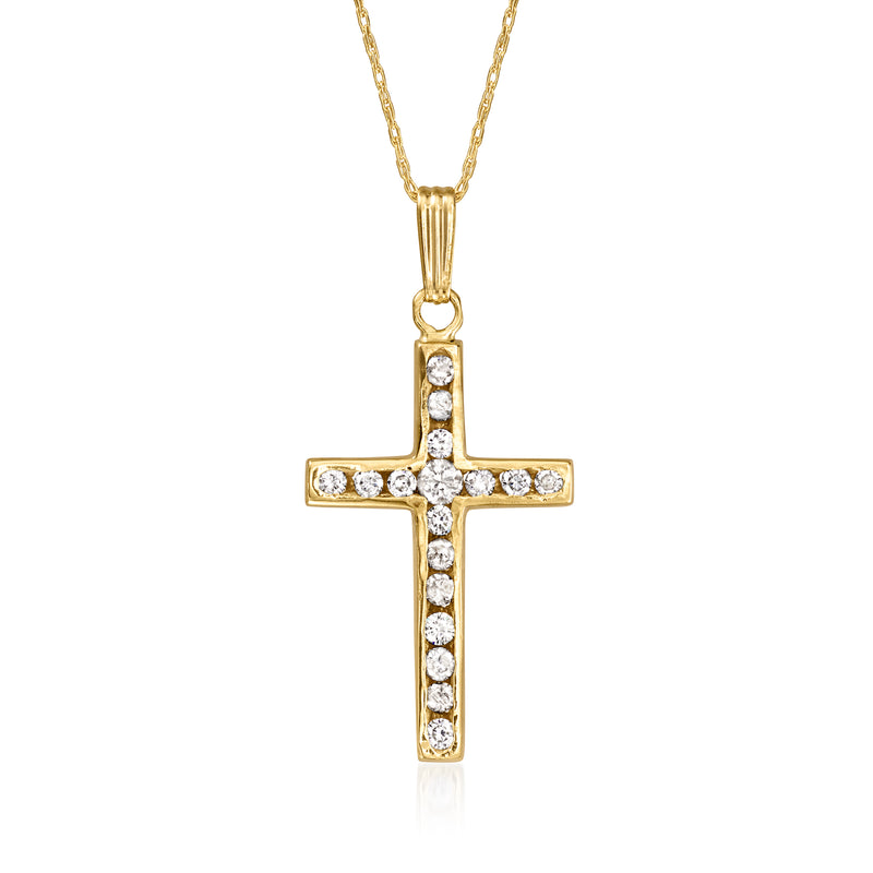 14kt yellow gold diamond cross pendant necklace with small bezel-set stones