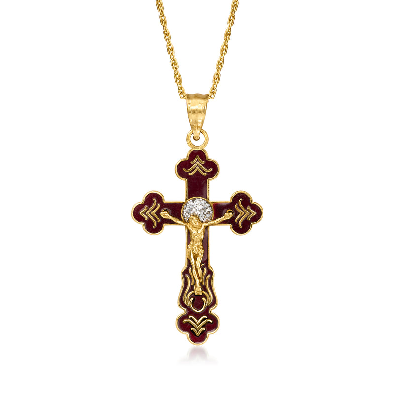 Two-tone gold crucifix pendant necklace with maroon enamel and small clear stone