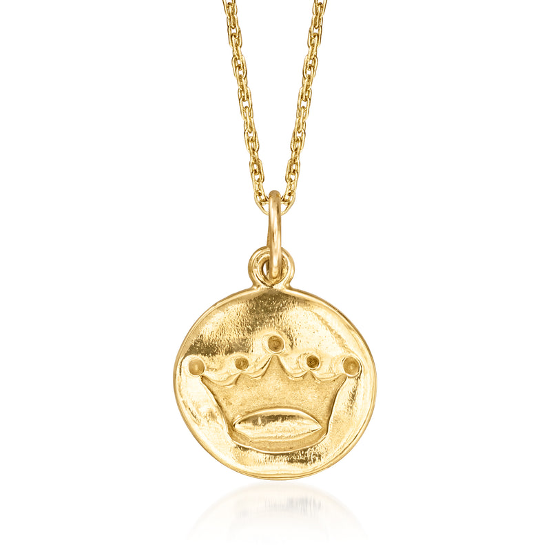 14kt yellow gold round crown disc pendant on a fine link chain necklace
