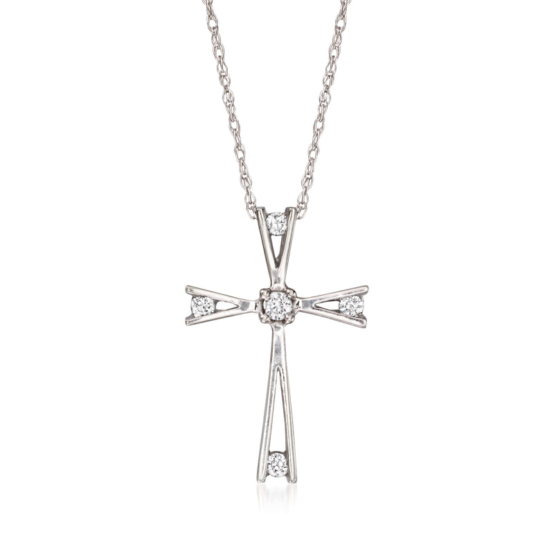 Diamond cross pendant necklace with central stone, on a white gold chain