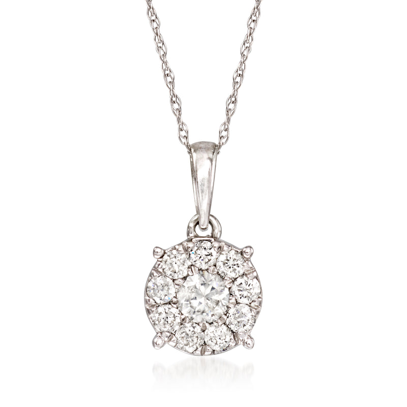 Round diamond cluster pendant necklace in 10kt white gold, chain with clasp
