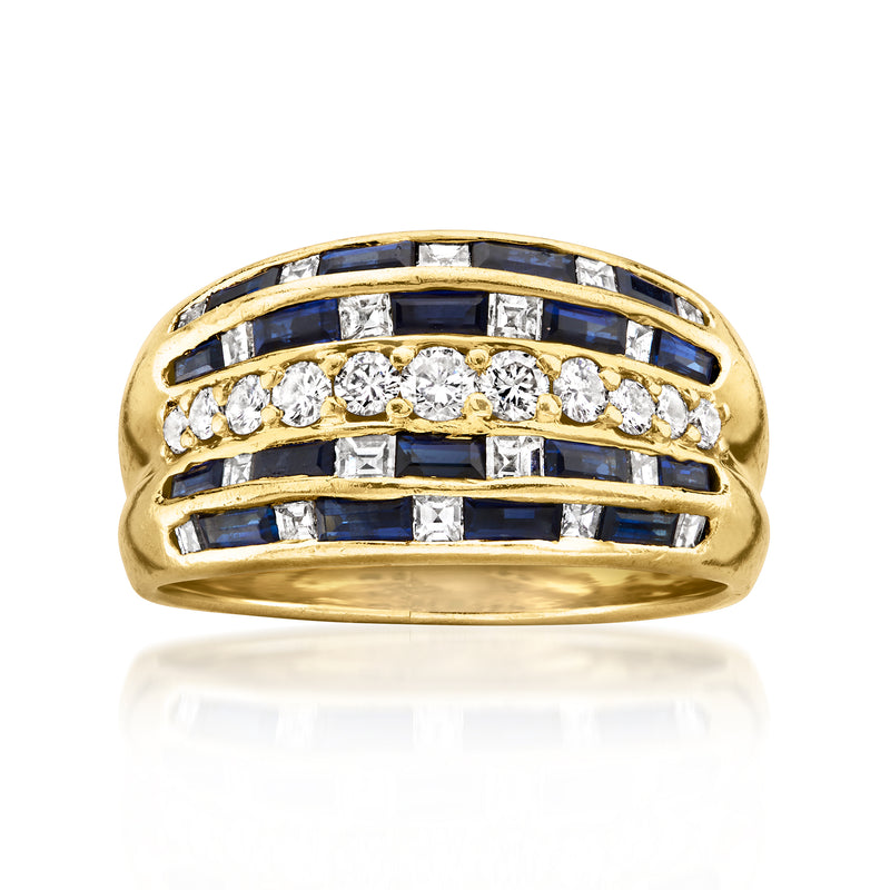 18kt yellow gold ring with blue sapphire channel-set stones and diamond accents