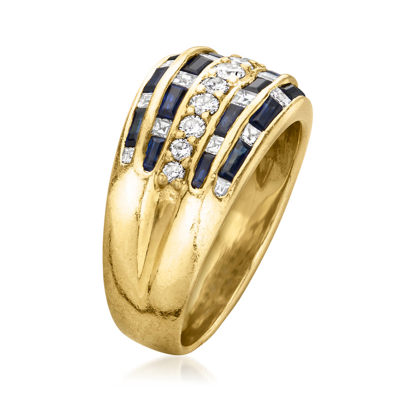 Yellow gold ring side view with blue baguette sapphires and round diamonds in rows