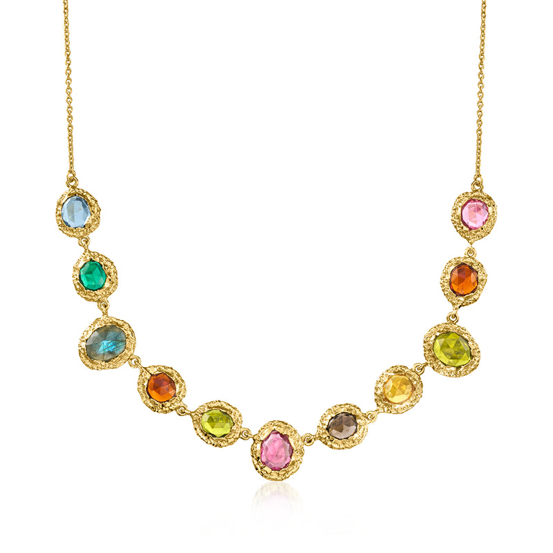 Yellow gold-plated necklace with multicolored gemstone drop links, oval settings