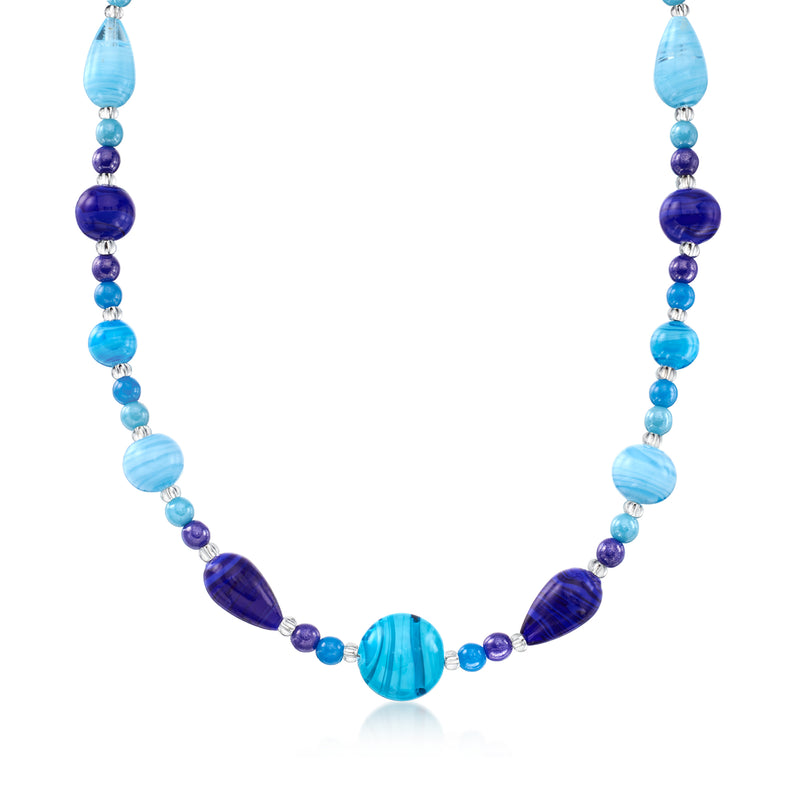 Tonal blue Murano glass bead necklace with sterling silver chain and oval clasp