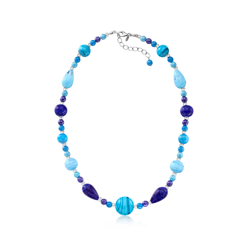Tonal blue Murano glass bead necklace with sterling silver lobster clasp