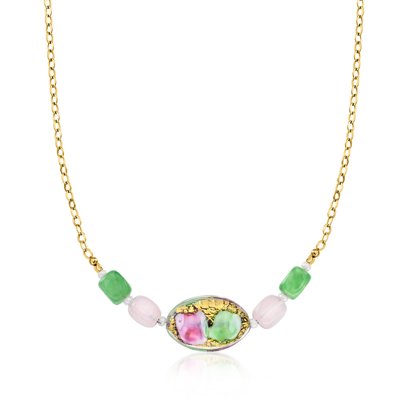 Gold bead necklace with oval pink-green Murano-style pendant and green & pink beads