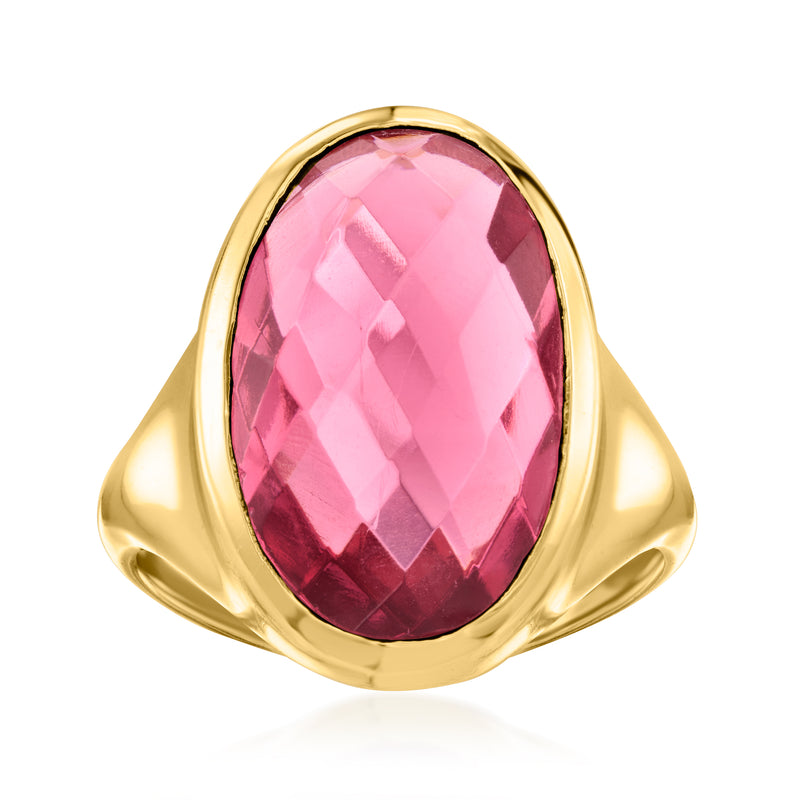 Yellow gold-plated ring with oval pink simulated tourmaline gemstone setting