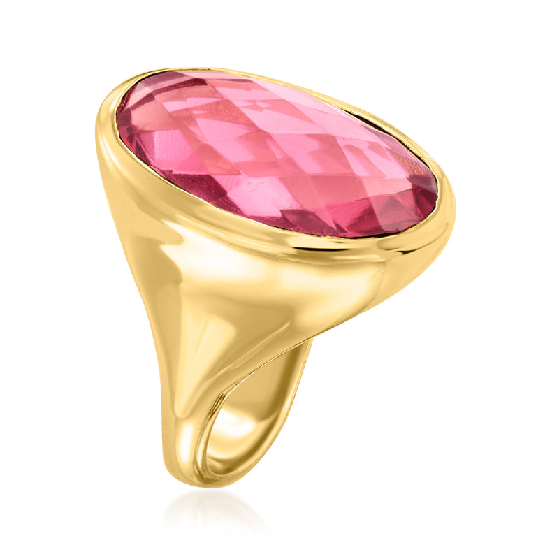 Yellow gold-plated oval pink simulated tourmaline ring, side profile