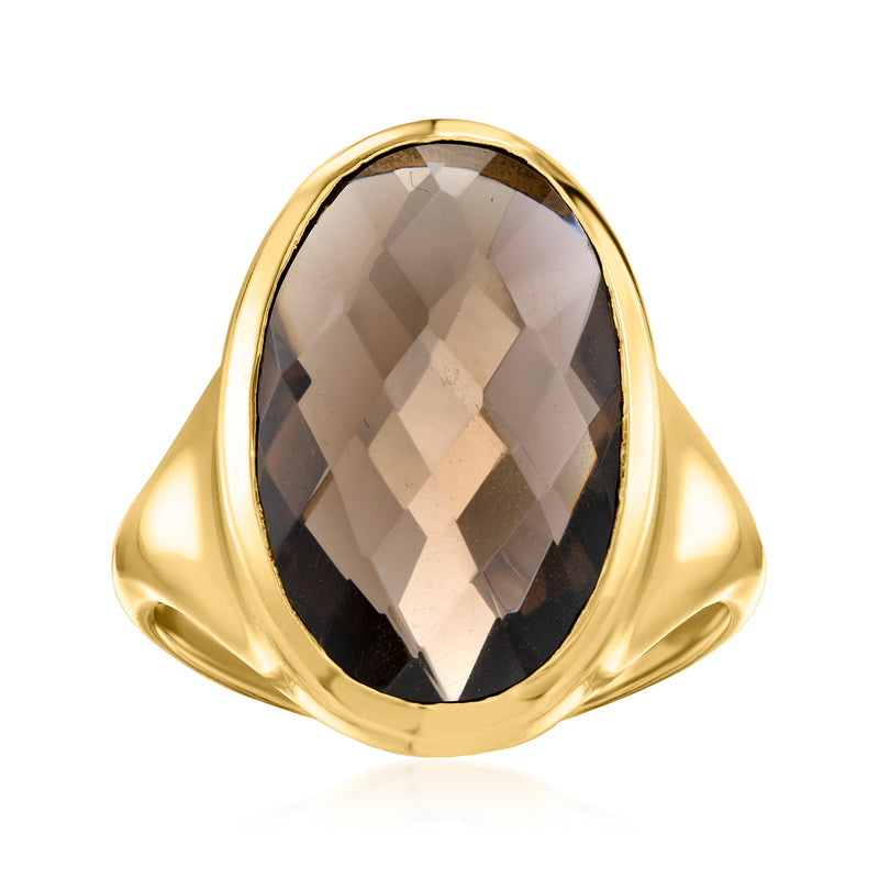 Yellow gold-plated ring with oval smoky quartz gemstone, faceted bezel setting