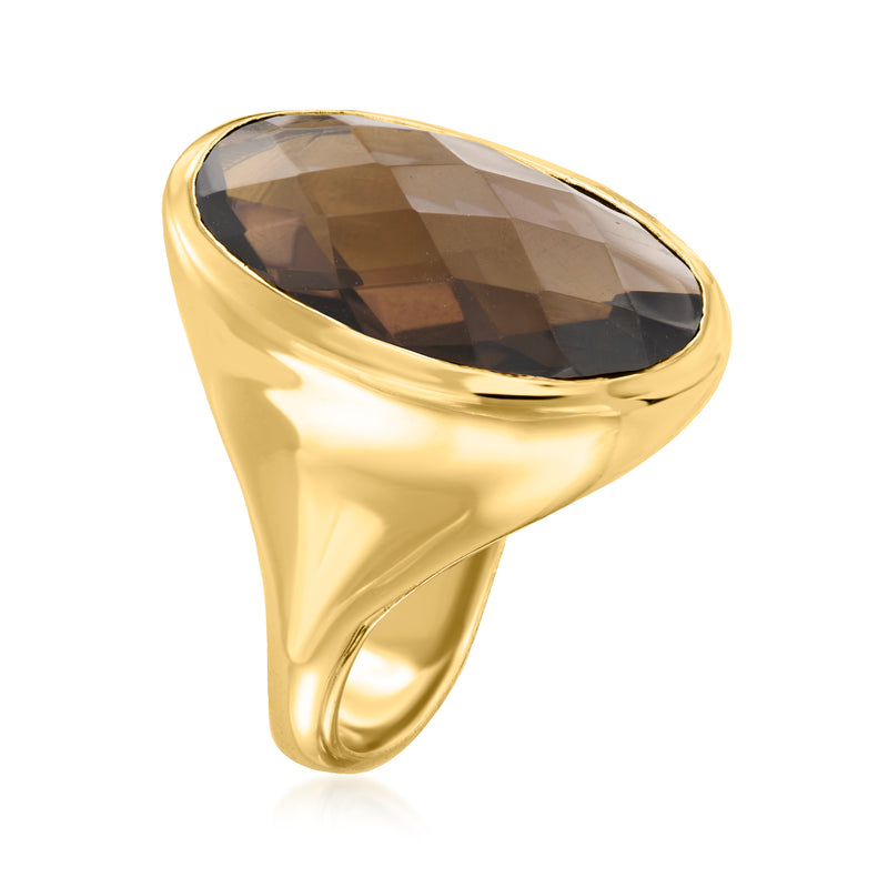 Yellow gold-plated oval smoky quartz ring, side view of faceted gemstone setting