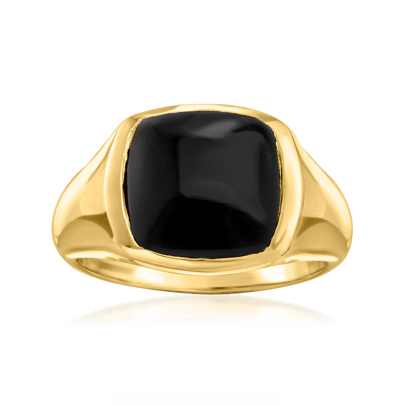 Gold-plated ring with a square black onyx gemstone bezel setting